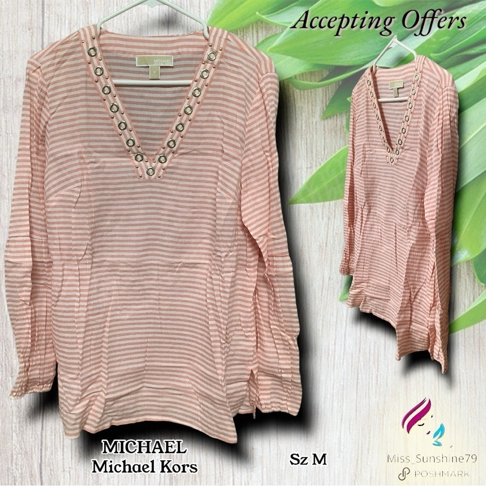 MICHAEL Michael Kors - Sz M - Pink Striped pattern transparent long sleeve top